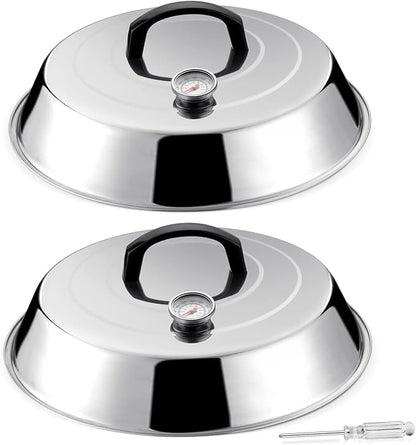 HaSteeL 12Inch Melting Dome for Griddle, Stainless Steel Basting Cover with Thermometer, Large Round Steaming Cover Lid for Flat Top Teppanyaki BBQ Camping Cooking Grilling, Indoor & Outdoor (2 Piece)