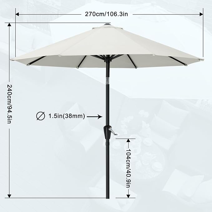 MASTERCANOPY 9ft Patio Umbrella with Tilt & Crank, Light Beige | 8 sturdy ribs;UV/water resistant;Vent;easy setup;for garden/deck/backyard/pool