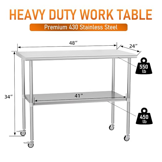 Stainless Steel Table with Wheels 24" x 48" Utility Worktable with Adjustable Undershelf for Commercial Kitchen, Garage, Restaurant