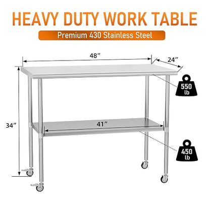 Stainless Steel Table with Wheels 24" x 48" Utility Worktable with Adjustable Undershelf for Commercial Kitchen, Garage, Restaurant