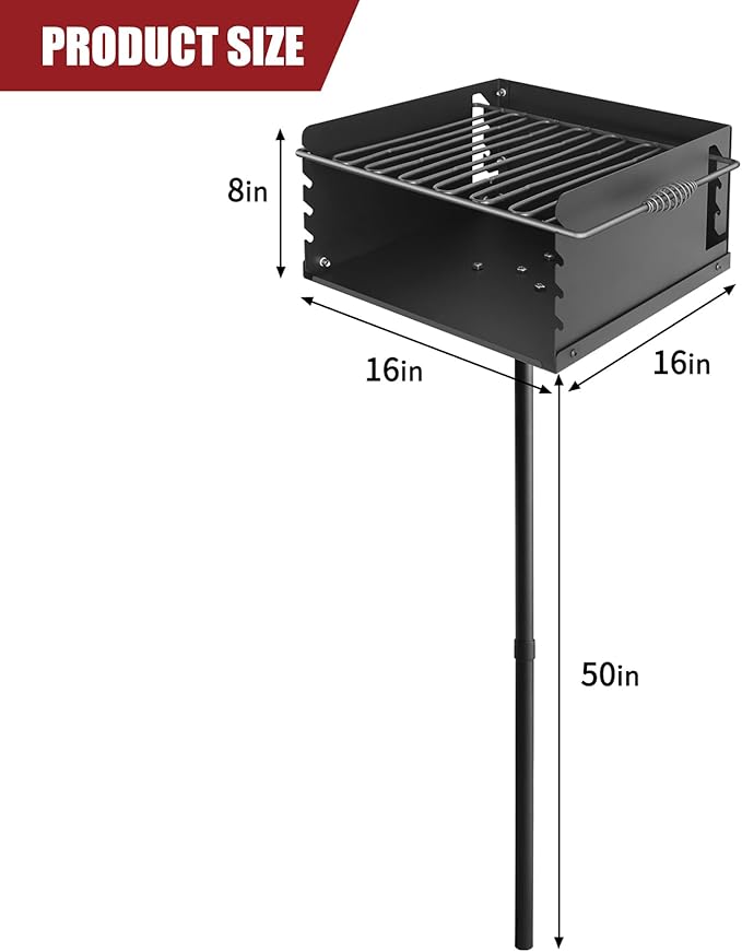 Park Style Charcoal Grill Heavy Duty, Outdoor BBQ Grill for Camping, Backyard, Patio, Commercial Charcoal Grill with Rotating Grill, Portable for Park Grilling 16'' L x 16'' W x 8'' H
