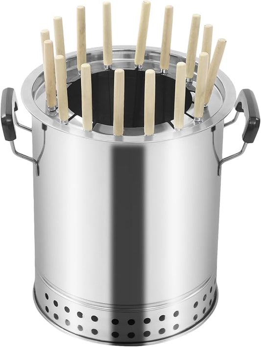 Portable Smokeless Barbecue Charcoal Barrel Grill, Stainless Steel Surround Charcoal Kebab Grill with 16 Skewers for Picnics, Camping, BBQ, 10.2 x 11.8in