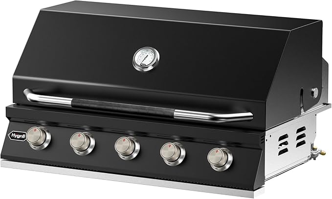 Hygrill STD Series 40-Inch Built In Grill for Natural Gas, Stainless Steel Outdoor Kitchen 5-Burner Grill Head, Black
