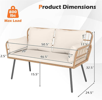 Tangkula Patio Wicker Loveseat, Outdoor 2-Seater PE Rattan Sofa with Pillows, Cushions, Metal Frame & Adjustable Foot Pads, 800 lbs Outside Couch for Porch, Backyard & Poolside (Off White, 50.5" L)