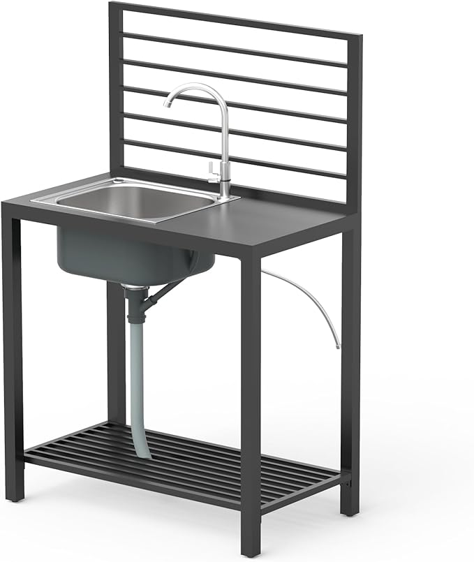 Domi Outdoor Kitchen Island with Storage, Aluminum Kitchen Island Stainless Steel Outdoor Sink w/Faucet & Drainboard, Freestanding Storage Shelves with Protective Cover Indoor Outdoor