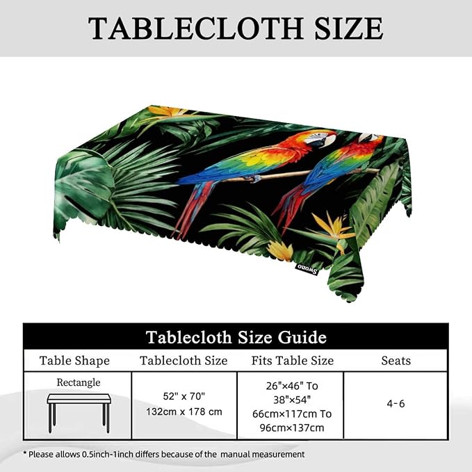 Swono 52x70 Inch Parrot Tablecloth Tropical Macaw Parrot Jungle Palm Leaves Farmhouse Dining Table Cloth Anti-Stain Talking Table Cover for Kitchen Dinning Room Coffee Store
