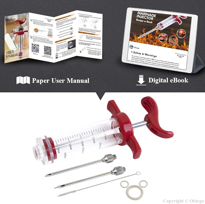 Ofargo Plastic Marinade Injector Syringe with Screw-on Meat Needle for BBQ Grill, 1-oz, Red, Recipe E-Book (Download PDF)