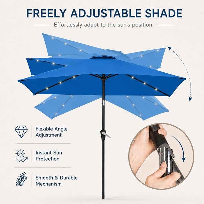 6.5 x 10ft Rectangular Patio Umbrella with Solar Lights, 16 LED Lighted Market Umbrella with Push-Button Tilt and Crank, 6 Sturdy Iron Ribs for Garden, Deck, Pool, Royal Blue