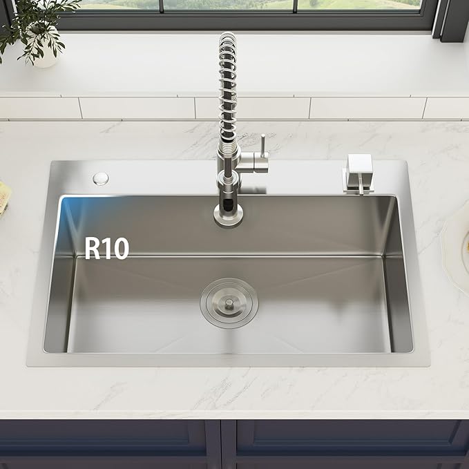 28 Inch Drop In Kitchen Sink 28 x 18 Kitchen Sink 18 Gauge Stainless Steel Single Bowl Topmount Handmade Sink, 28x18x9