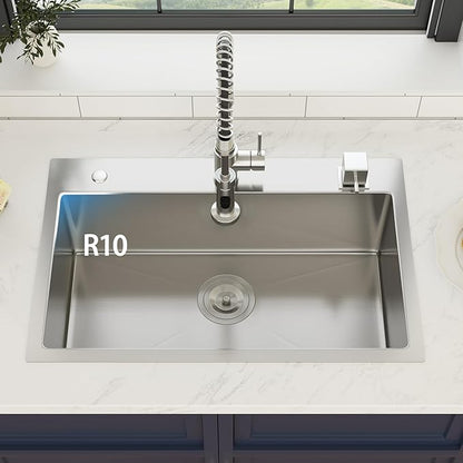 28 Inch Drop In Kitchen Sink 28 x 18 Kitchen Sink 18 Gauge Stainless Steel Single Bowl Topmount Handmade Sink, 28x18x9