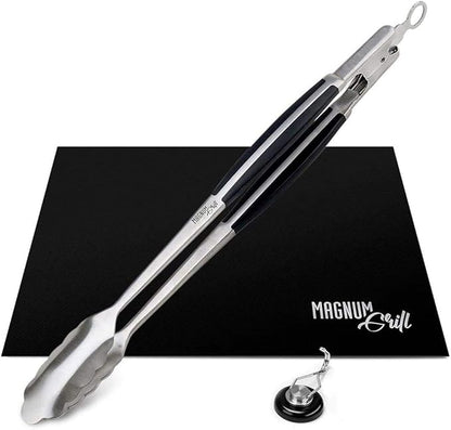 Grilling Accessories | BBQ Tools Set with 18" Grill Tongs, BBQ Grill Mat and Extra Strong Magnetic Hook for Hanging on Barbeque | Heavy Duty Metal Tongs Grill Set