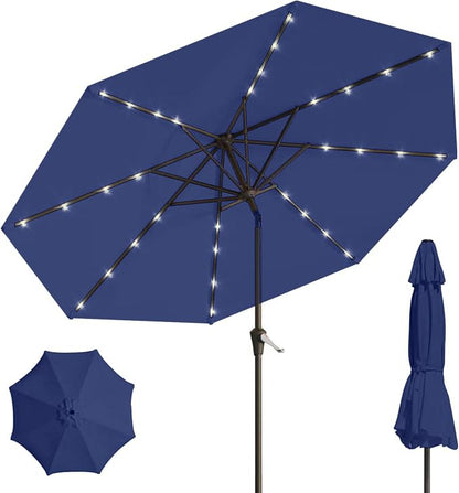 9' Solar LED Patio Umbrella with Tilt & Crank|8 Sturdy Ribs,UV Protection,Outdoor Market Table Umbrella for Deck,Lawn,Pool,Backyard(Navy)