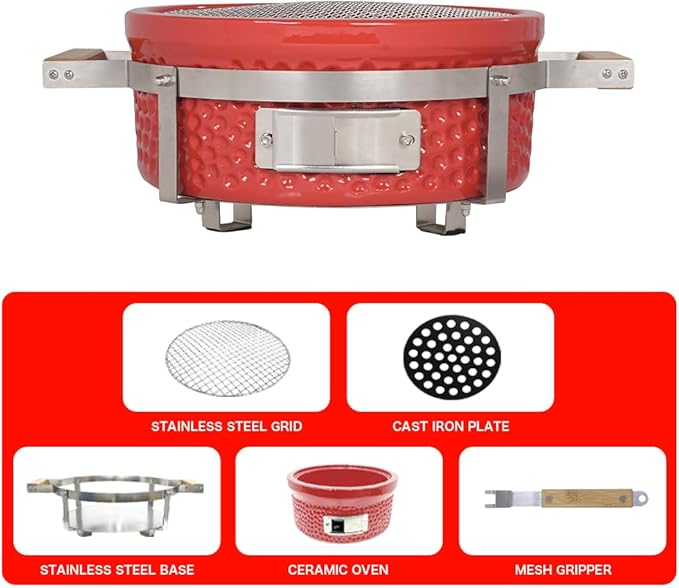 Yakitori Charcoal Grill, Japanese Ceramic Tabletop BBQ Grill with Stainless Steel Stand & Grid Lifter, Portable Indoor/Outdoor Hibachi Grill for 2–5 People, 16"x9", Red, Gift for Chrismas