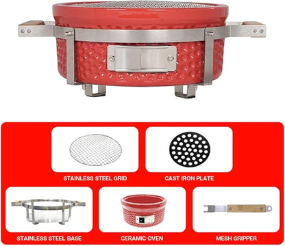 Yakitori Charcoal Grill, Japanese Ceramic Tabletop BBQ Grill with Stainless Steel Stand & Grid Lifter, Portable Indoor/Outdoor Hibachi Grill for 2–5 People, 16"x9", Red, Gift for Chrismas