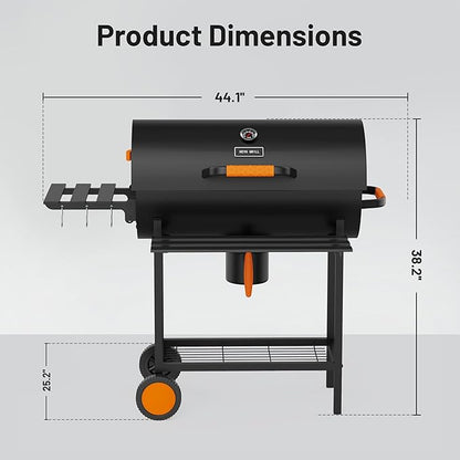 KEYO GRILL 29-Inch Barrel Charcoal Grill, Heavy duty BBQ Grill with Manual Rotisserie Meat Fork, Detachable Windproof Ash Collector Barbecue Smoker Grill Combo for Backyard, Patio and Parties ﻿
