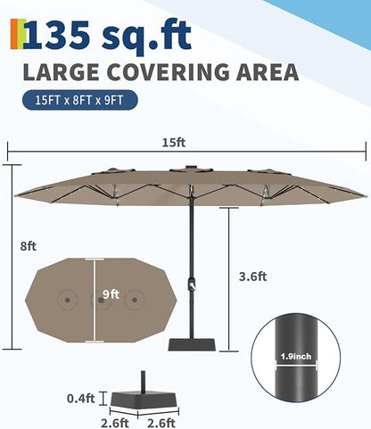 GarveeLife 15 ft Large Patio Umbrella with Lights, 36 LED Lights Double-sided Patio Umbrella with Weighted Base for Poolside Garden Backyard