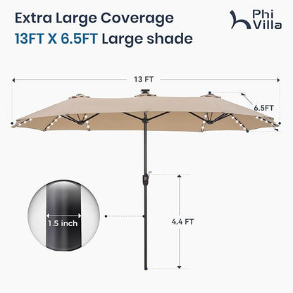 PHI VILLA 13ft Patio Umbrella with Solar-Powered 120 PCS LED Color-Changing Lights, Triple-Head Large Rectangle Umbrella Outdoor Patio for Table with Crank Lift,Beige(No Base)