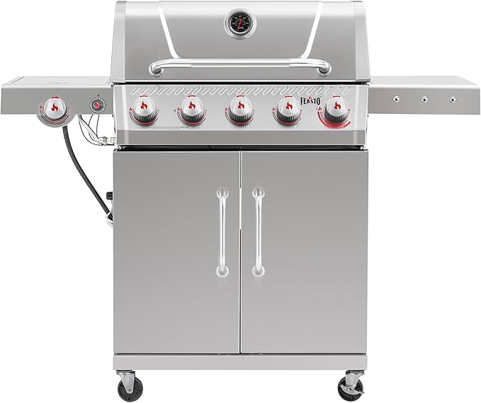 Feasto 5 Burner Propane Gas Grill with Side Burner & Sear Burner, All Stainless Steel BBQ Grill with Porcelain-Enameled Main Cook Chamber & Storage Cabinet for Outdoor Backyard Patio