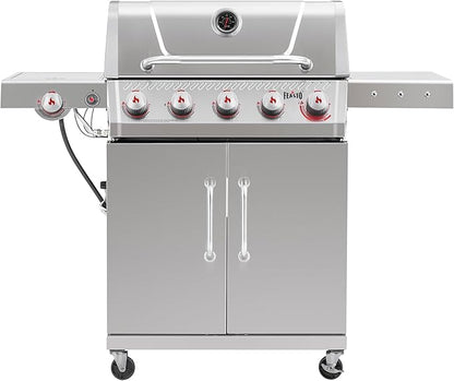Feasto 5 Burner Propane Gas Grill with Side Burner & Sear Burner, All Stainless Steel BBQ Grill with Porcelain-Enameled Main Cook Chamber & Storage Cabinet for Outdoor Backyard Patio
