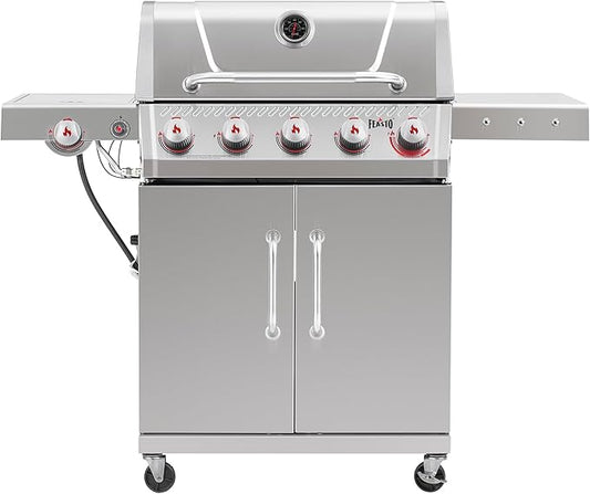 Feasto 5 Burner Propane Gas Grill with Side Burner & Sear Burner, All Stainless Steel BBQ Grill with Porcelain-Enameled Main Cook Chamber & Storage Cabinet for Outdoor Backyard Patio