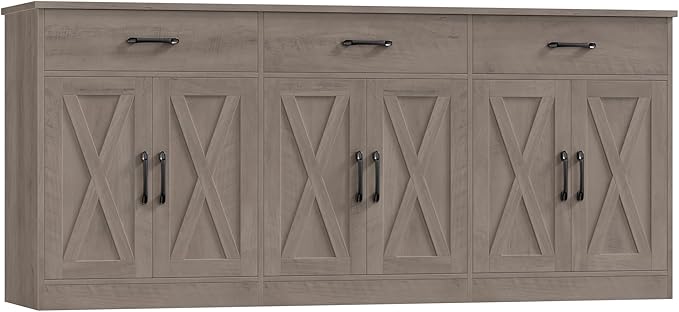 HOSTACK 71" Large Sideboard Buffet Cabinet with Storage, Farmhouse Coffee Bar Cabinet with 3 Drawers, Long Kitchen Buffet Table, Kitchen Sideboard Storage Cabinet for Dining Room, Living Room, Grey