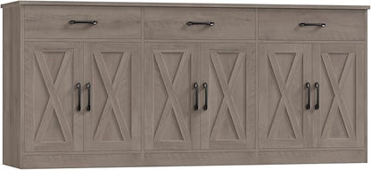 HOSTACK 71" Large Sideboard Buffet Cabinet with Storage, Farmhouse Coffee Bar Cabinet with 3 Drawers, Long Kitchen Buffet Table, Kitchen Sideboard Storage Cabinet for Dining Room, Living Room, Grey