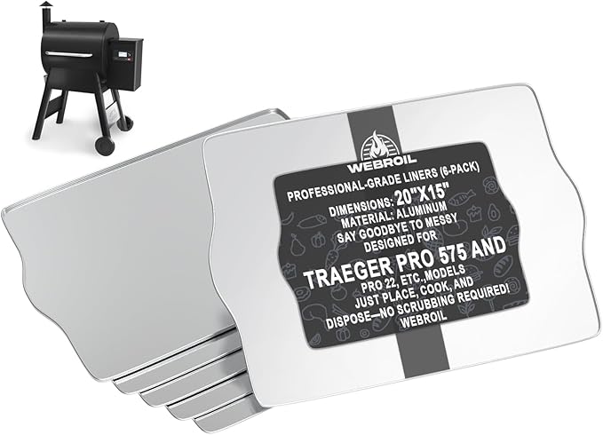 6 Packs BAC507 Drip Tray Liners for Traeger Pro 22 & Pro 575 Most Rectangular Pellet Grills and Smokers, Heat-Resistant Foil Liners for Traeger Grill Accessories, Aluminum Grease Tray 20" x 15.6"