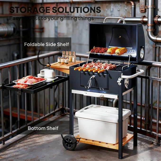 Portable Camping Charcoal BBQ Grill with 2 Burners, Outdoor Grills & Smokers for Backyard Barbecue, Large Charcoal Grill with Offset Smoker Combo, Barrel Style Charcoal Grills for Cooking,A3
