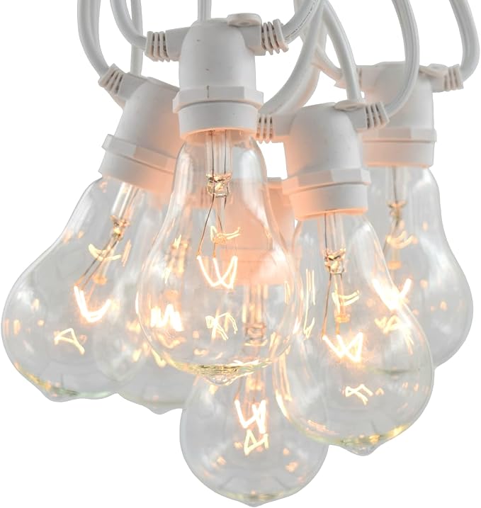 Commercial Vintage Edison String Lights (PS50 Clear - White Wire, 25 Foot) | PS50 Clear 7 Watt Bulbs, 25 Foot 20 Socket, Commercial Grade Outdoor Lights