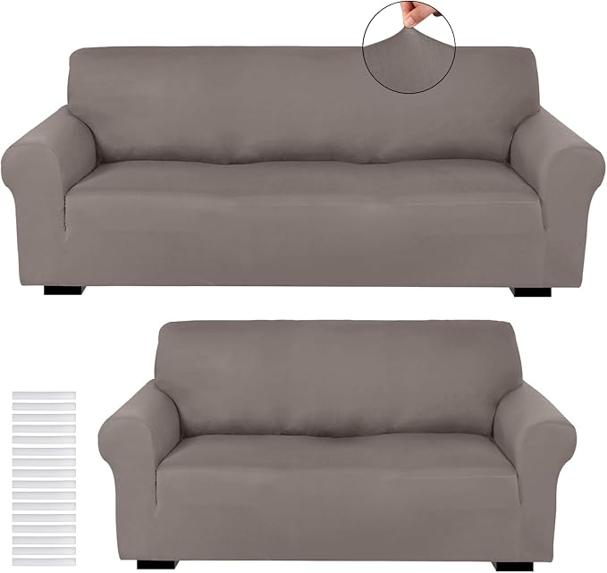 Peryiter 2 Pcs Couch and Loveseat Sofa Covers,Taupe,Milk Silk | Armchair Covers for Living Room, Sofa Cushion Slipcover 2/3 Seater, Furniture Protector, Polyester and Spandex, Washable