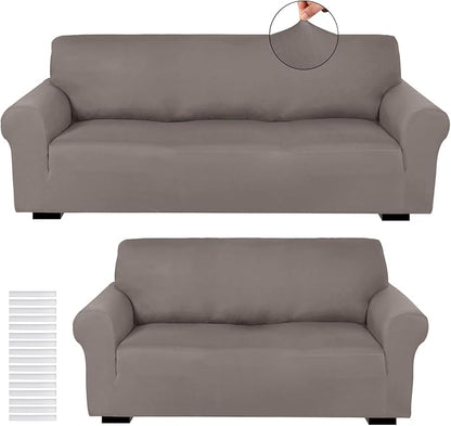 Peryiter 2 Pcs Couch and Loveseat Sofa Covers,Taupe,Milk Silk | Armchair Covers for Living Room, Sofa Cushion Slipcover 2/3 Seater, Furniture Protector, Polyester and Spandex, Washable