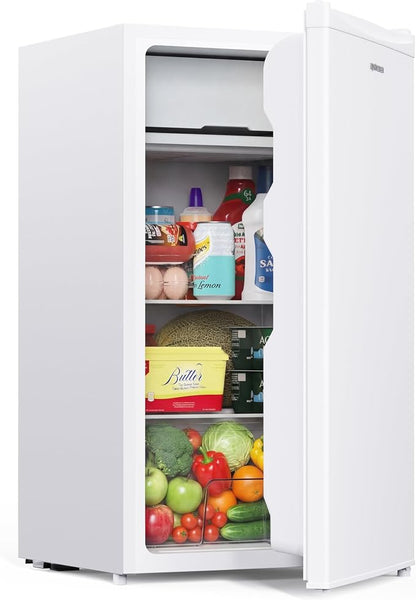 Upstreman 3.2 Cu.Ft Mini Fridge with Freezer, White-BR321 | Adjustable Thermostat, Energy Saving, Low Noise, Reversible Door, Small Refrigerator for Dorm, Bedroom, Office