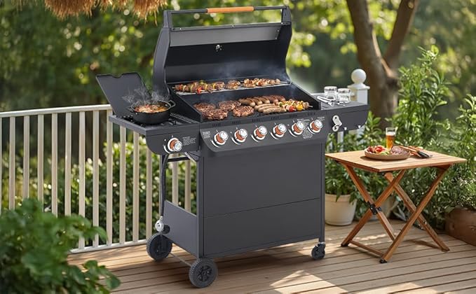 Outdoor Gas Grill with 6 Burners & Side Burner 59000 BTU Stainless Steel BBQ Grill Enamel-Coated Grates Side Tables for Backyard Patio Cooking Charcoal Grills & Smokers,A2