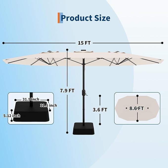 Garvee 15FT Patio Umbrella with Base Included Outdoor Umbrella, Beige | Rectangular Large Market Umbrellas with Crank Handle UV Protection Table Umbrellas for Outdoor, Backyard, Deck, Poolside