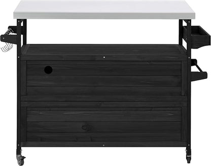 LUMISOL Outdoor Grill Table with Stainless Steel Top, Solid Wood Kitchen Island with Internal Storage Rack, Outdoor Storage Cabinet, Farmhouse Rolling Bar Cart with Spice & Towel Rack, Black