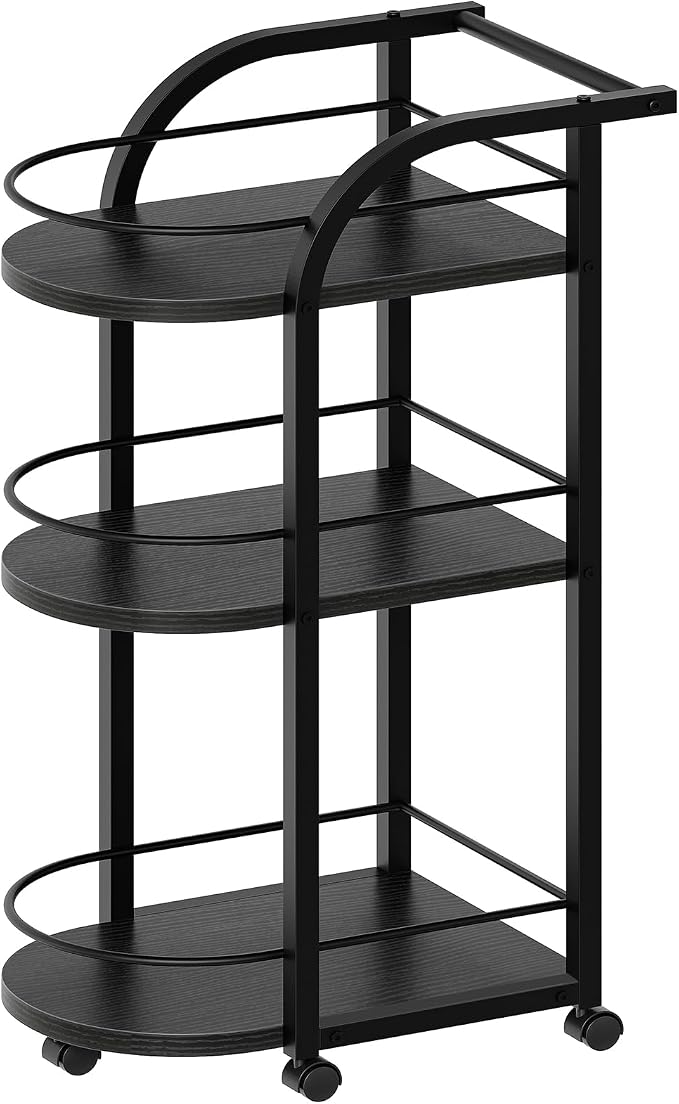 3-Tier Bar Cart, Home Bar Serving Cart with Fence and Wheels, for Dining Room, Living Room, Garden, Party, Black BC06BB
