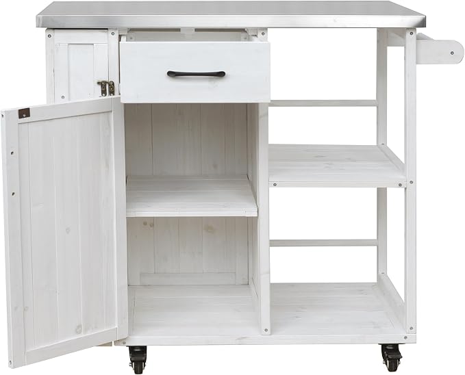 JIVOIT Outdoor Kitchen Island with Stainless Steel Worktop, Fir Wood Prep Station Lockable Kitchen Cart with Ample Storage Space, Towel and Spice Racks for Patio and Outdoor (White/122)