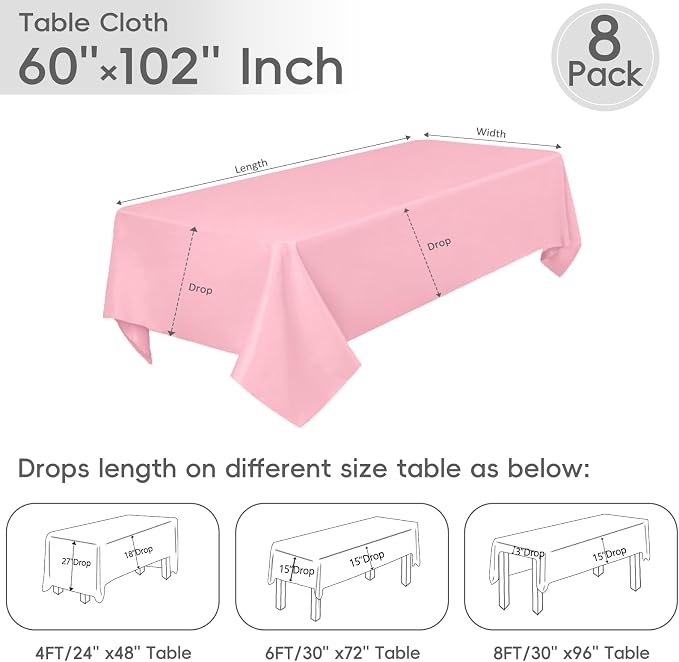 8 Pack Pink Tablecloth 60 x 102 Inch Rectangle For 6 Foot Tables | Wrinkle Resistant, Washable Polyester Fabric, Rectangular Table Cloth for Wedding Party Banquet Buffet and Camping