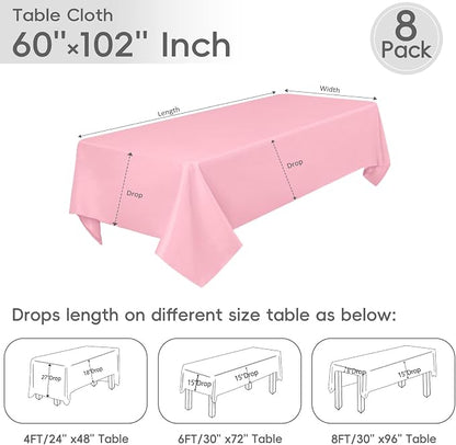 8 Pack Pink Tablecloth 60 x 102 Inch Rectangle For 6 Foot Tables | Wrinkle Resistant, Washable Polyester Fabric, Rectangular Table Cloth for Wedding Party Banquet Buffet and Camping