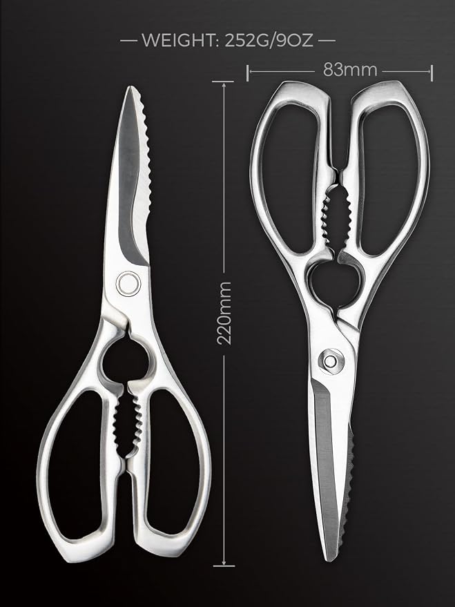 Kitchen Scissors, Forged Stainless Steel Shears for Meat and Vegetables | 3Cr14 one-piece blades with bottle opener, nutcracker and fish scaler; dishwasher safe