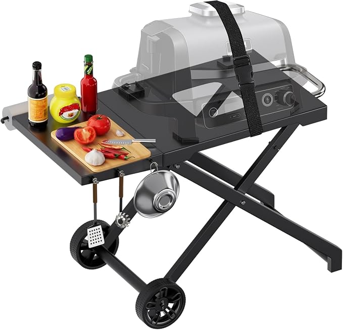 Grill Stand for Ninja Woodfire Outdoor OG700 OG800 Series, Portable Folding Grill Table Cart for Ninja Woodfire OG701 OG850 OG951 and OO101 Pizza Oven with Side Table