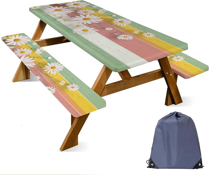 FOREVER QUEEN Picnic Table Cover with Bench Covers 72in,Waterproof Windproof Fitted Tablecloth,Spring Daisy Floral Camping Essentials with Drawstring Bag for Patio,Park & Backyard