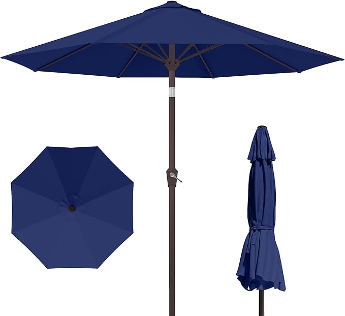 Kingdura 10FT Outdoor Patio Umbrella, Round Market Table Umbrella with Push‑Button Tilt and Crank Lift, 8 Sturdy Metal Ribs, UV50+ Protection Canopy for Backyard, Lawn, Deck, Poolside, Garden (Navy blue)