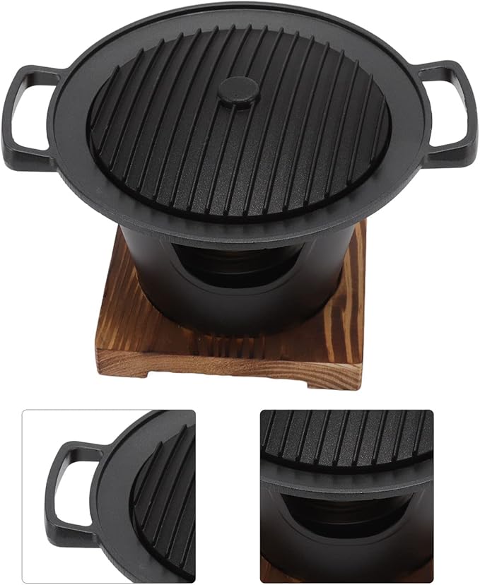 Single Person Grill Japanese Hibachi Grill Tabletop Portable Smokeless Cast Grill Korean BBQ Charcoal Grill Cast Iron Grill Platter, Charcoal Grill, Portable Charcoal Grill with Wooden Base
