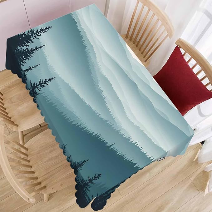 Mountain Forest Decorative Table Cover for Kitchen, Foggy Mountain Pine Woodland Oblong Tablecloth Dining Table Cloth Tabletop Tablecloths for BBQ Picnic Coffee 52"X70", 4-6 Seats