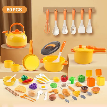 60Pcs Kids Mini Play Kitchen Accessories, Pretend Cooking Play Set with Cookware, Tableware & Fruit & BBQ Sets, Learning Gift for Boys, Girls, Toddlers,Yellow
