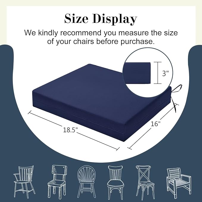Cozyide Outdoor Chair Cushions, Waterproof Patio Seat Cushions with Adjustable Straps, Square Corner Patio Chair Cushions for Garden, Navy, 18.5x16x3 Inch (Pack of 4)