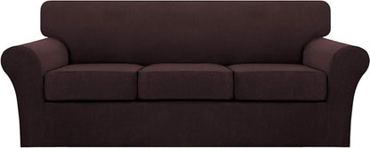 Turquoize 4 Piece Sofa Covers for 3 Cushion Couch Sofa Slipcover Soft Couch Cover for Dogs Washable Furniture Cover with 3 Individual Large Cushion Covers Feature Fabric (Large Sofa, Brown)
