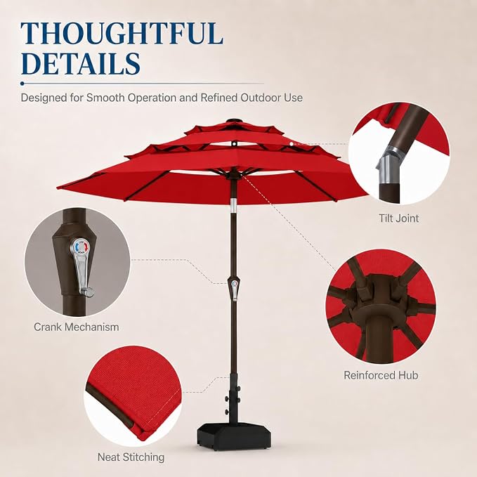 10ft Patio Umbrella, 3-Tier Vented Outdoor Table Umbrella with 8 Sturdy Fiberglass Ribs, Windproof Market Umbrella with Push Button Tilt and Crank, UV Protection for Deck, Pool, Red