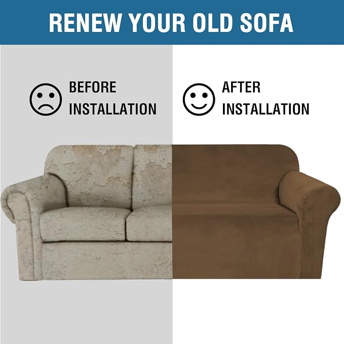 H.VERSAILTEX Stretch Velvet Sofa Covers for 3 Cushion Couch Covers Furniture Protector Soft with Non Slip Elastic Bottom, Crafted from Thick Comfy Rich Velour (Sofa 72"-90", Bronze Brown)